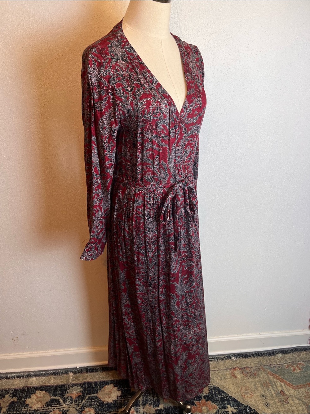 Lucky Brand Burgundy Paisley V-Neck Long Sleeve Maxi Dress